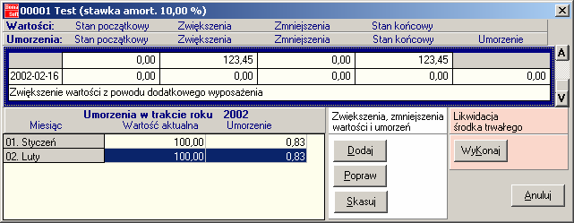 możliwość wprowadzenia nowych poprawionych wartości Zwiększeń, Zmniejszeń, daty operacji oraz opis (wprowadzanie opisu nie jest obligatoryjne).