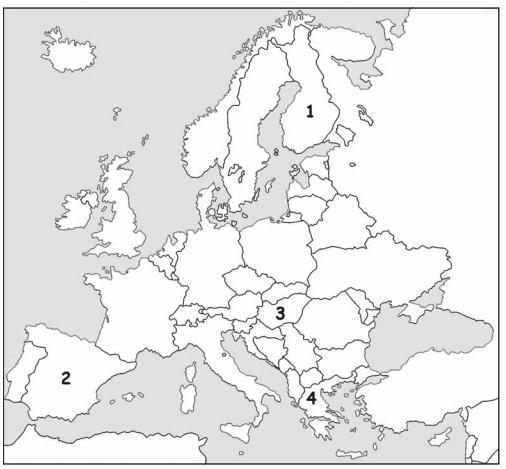 15. W którym roku państwa oznaczone na mapie cyframi 1, 2, 3, 4 przystąpiły do Wspólnot Europejskich/Unii Europejskiej?