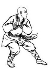 . Ob.3. Obraz autorstwa Shi Yong Zhi przedstawiający Bodhidharmę praktykującego styl Osiemnastu Rąk Luohan (por. rys.5 oraz opis ob.2). Fot:5. Mnich Shi Su Gang sifu wykonujący powyższy ruch.