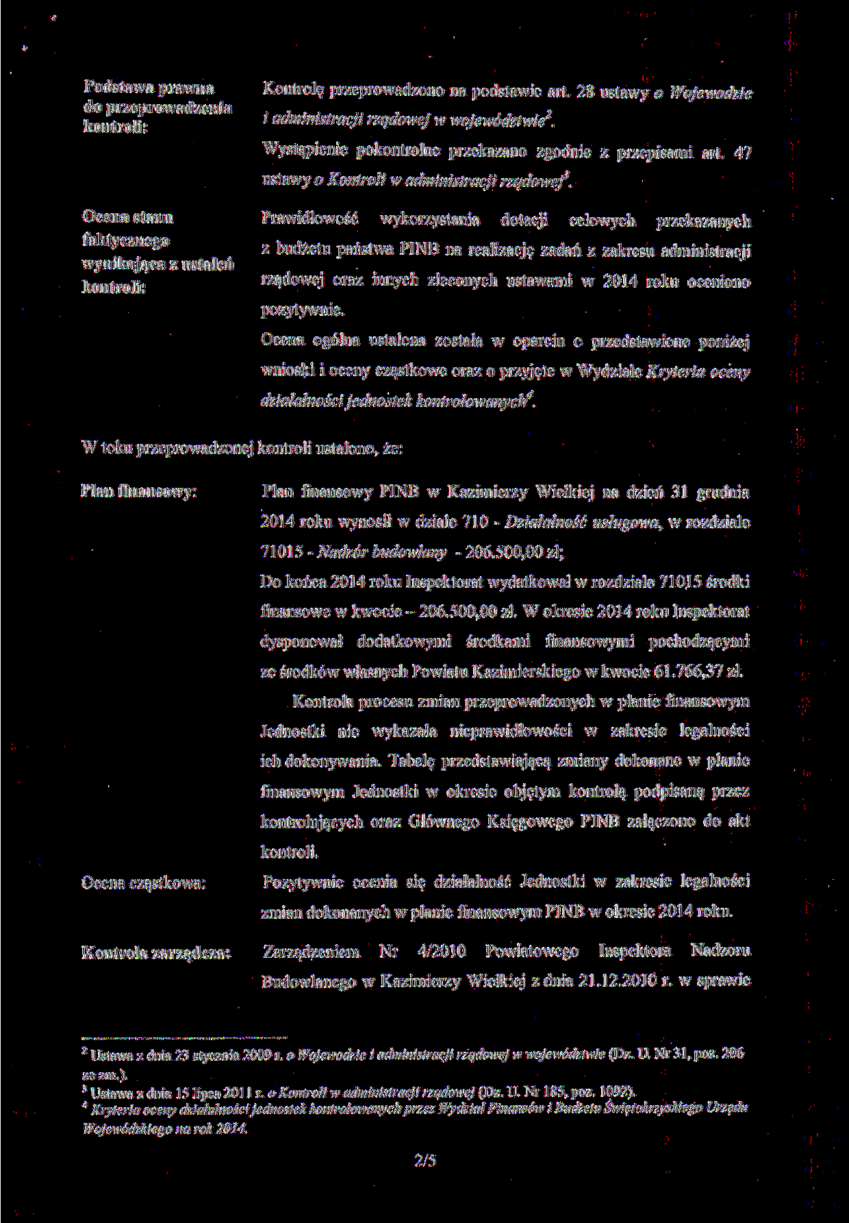 Podstawa prawna do przeprowadzenia Kontrolę przeprowadzono na podstawie art. 28 ustawy o Wojewodzie i administracji rządowej w województwie 2.
