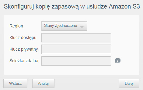 TWORZENIE KOPII ZAPASOWYCH I PRZYWRACANIE PLIKÓW 3. Kliknij przycisk Amazon S3 u góry ekranu. 4. Kliknij przycisk Utwórz. 5.