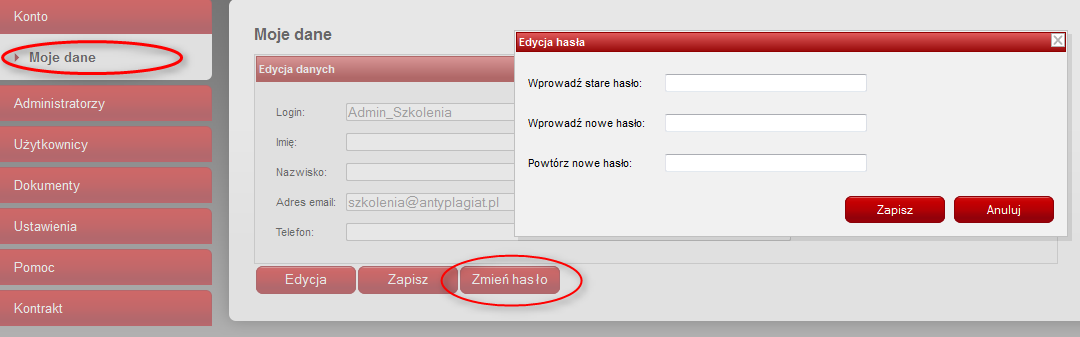 Strona 3 Ilustracja 2. Domyślny widok po zalogowaniu. III. Konto Zakładka Konto służy przede wszystkim do edycji danych Uczelnianego Administratora Systemu Antyplagiatowego.