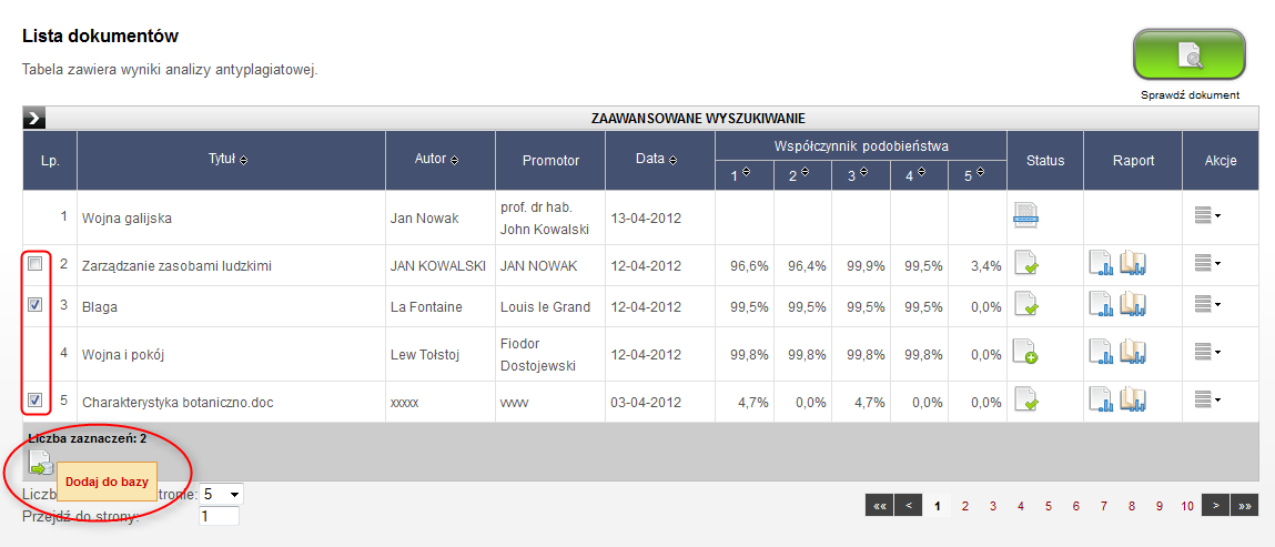 Po kliknięciu na nią system antyplagiatowy generuje raport w arkuszu programu Excel, w którym znajdują się informacje dotyczące