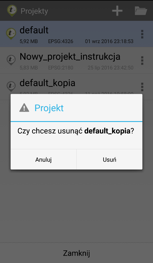 Wyświetli się okno z pytaniem czy na pewno usunąć wskazany projekt.