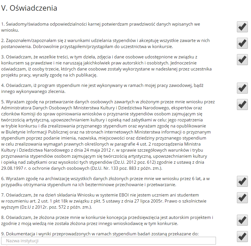 Oświadczenie nr 9, oraz pole do wypełnienia nazwy instytucji