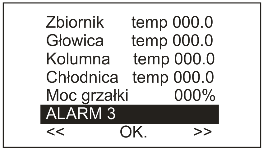 USTAWIANIE TEMPERATUR ALARMÓW Przyciskami + oraz - należy wybrać z menu temperaturę której mają dotyczyć nastawy. Wybór potwierdzamy przyciskając OK Pojawia się okno ustawiania temperatury alarmu.