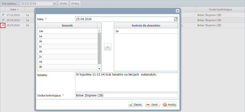 UONET+. W jaki sposób dyrektor szkoły może wykorzystać system w swojej codziennej pracy? 11/15 Rysunek 20. Widok Dziennik/ Rejestr kontroli dziennika 2. Wypełnij wyświetlony formularz.