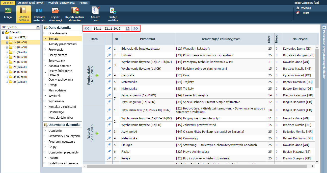 UONET+. W jaki sposób dyrektor szkoły może wykorzystać system w swojej codziennej pracy? 9/15 Domyślnie w drzewie danych wyświetla się lista oddziałów na bieżący rok szkolny.