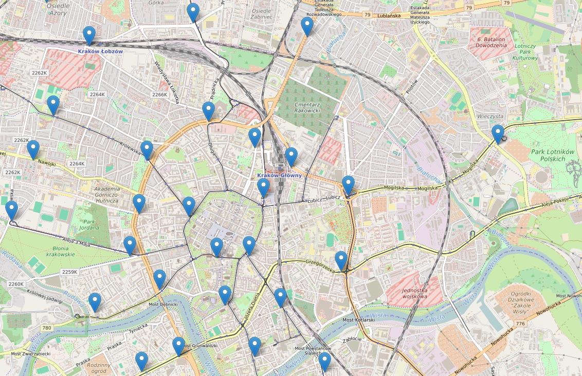 Mobilność (smart mobility) czynniki Mapa stacji wypożyczalni rowerów Kraków Śródmieście Zintegrowany i bezpieczny system transportowy (komunikacja zbiorowa,