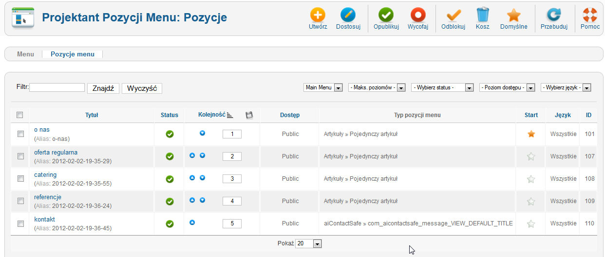 Z menu górnego wybieramy zakładkę Menu->Main Menu. System przekieruje nas do spisu pozycji w naszej nawigacji na stronie.