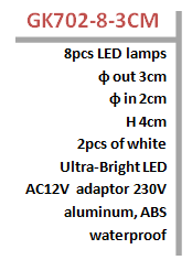 Punktowe oświetlenie LED GK702 8szt 3cm Punktowe oświetlenie LED GK702 8szt 3cm Dekoracyjne światło punktowe - Zestaw 8 lamp to idealne do podświetlania przejść, basenów, spa, łazienek, podbitek