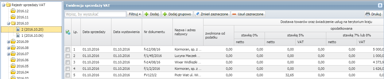 Czynności wykonywane w aplikacji Centralny VAT 15 Aby usunąć wpis ewidencji: 1. Zaznacz pozycje ewidencji i kliknij przycisk Usuń zaznaczone. 2. Kliknij przycisk Tak aby potwierdzić operację.