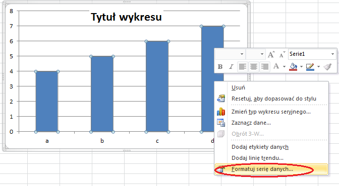 6.2.4 Zmiana koloru kolumn, słupków, linii, wycinków koła w wykresie Zaznaczamy wszystkie elementy wybranej serii klikając lewym przyciskiem myszy i wybieramy z menu kontekstowego Formatuj serię