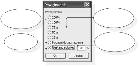 str. 23 Rysunek 4.2.4. Menu Widok oraz okno Powiększenie Z menu Widok wybieramy funkcję Powiększenie.