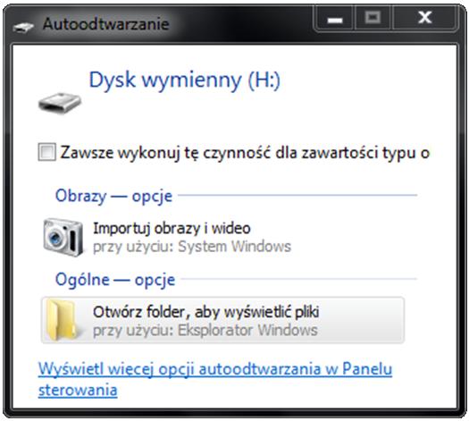 Instalacja oprogramowania: Płytę CD należy umieścić w komputerze, następnie w oknie Autoodtwarzanie należy wybrać opcję: Otwórz folder, aby wyświetlić pliki.