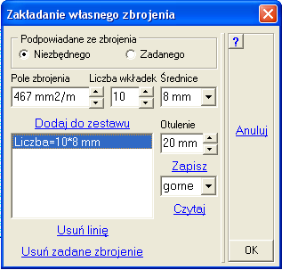 Wymiarowanie Własne zbrojenie moŝna zadawać polem zbrojenia lub liczbą wkładek. MoŜna teŝ zmienić średnicę wkładki.
