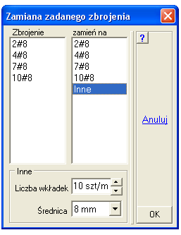 ABC 6.2 Obiekt3D E1.1.3. Zamiana własnego zbrojenia Z róŝnych względów moŝe zajść potrzeba zamiany własnego zbrojenia przy zachowaniu warunku pola wkładek.