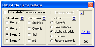 Wymiarowanie Wybierając opcję Wykres moŝna sporządzić wykres zbrojenia w kierunku X lub Y wzdłuŝ wybranej linii. Na wykresach są od razu pokazywane zbrojenia dla góry i dołu płyty.