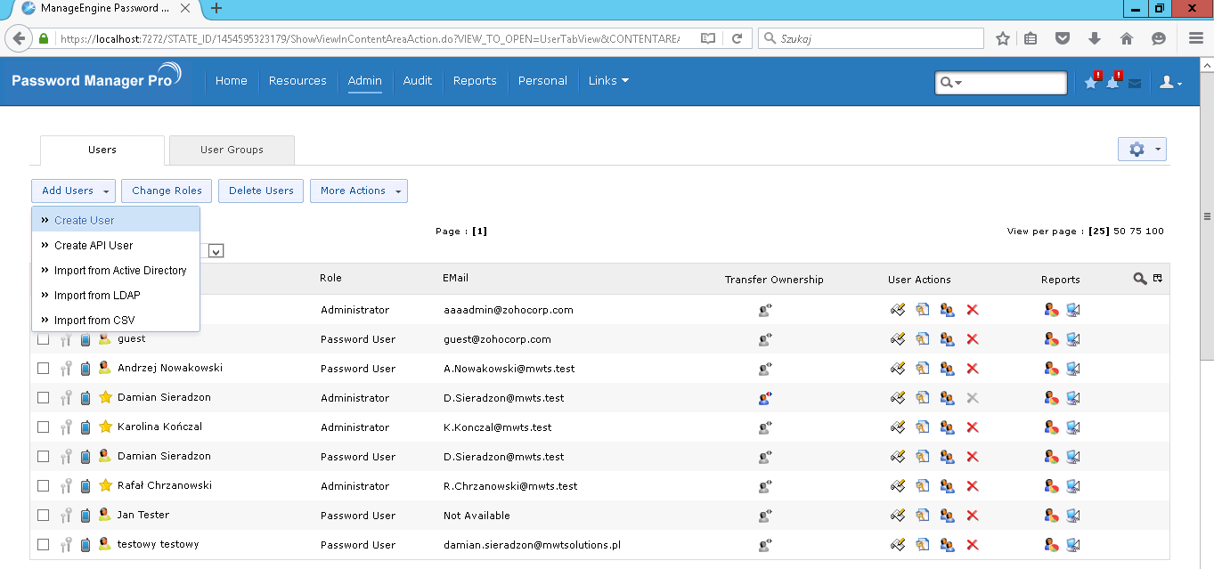 Rola Operacje Administrator Zarządzanie użytkownikami Zarządzanie zasobami Zarządzanie hasłami Podgląd haseł Zarządzanie własnym hasłem Widok audytów i raportów Password Administrator Password User