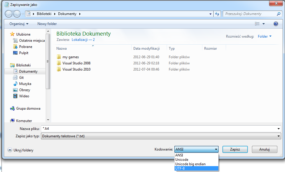 Konwertowanie kodowania do UTF-8 w programie Notatnik.