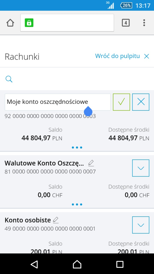 Używając symbolu ołówka, znajdującego się przy nazwie wskazanego rachunku, możesz nadać mu własną