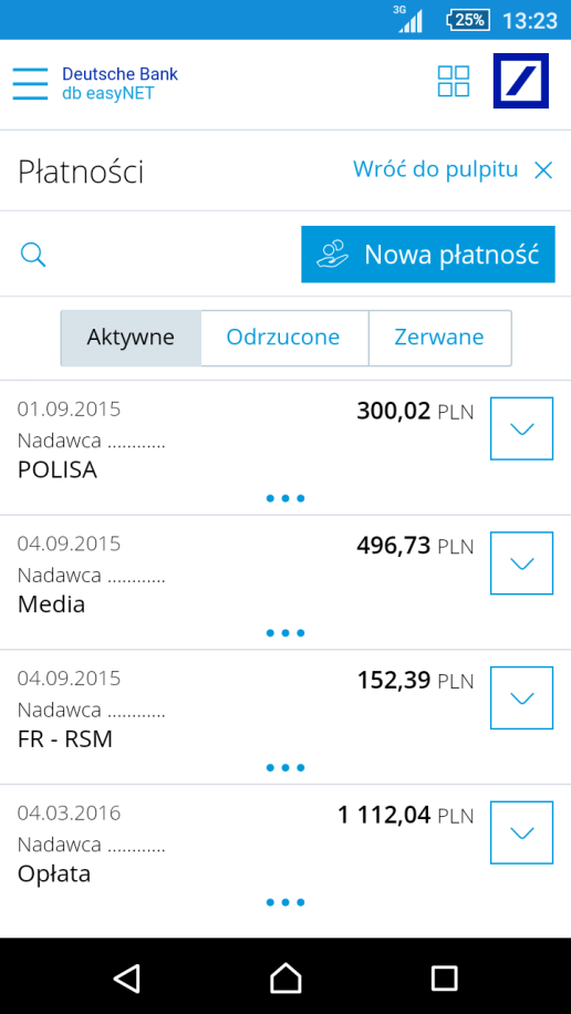 Nowa płatność db easynet na urządzenia mobilne umożliwia zlecanie przelewów przy użyciu zapisanych uprzednio w Bankowości Internetowej szablonów.