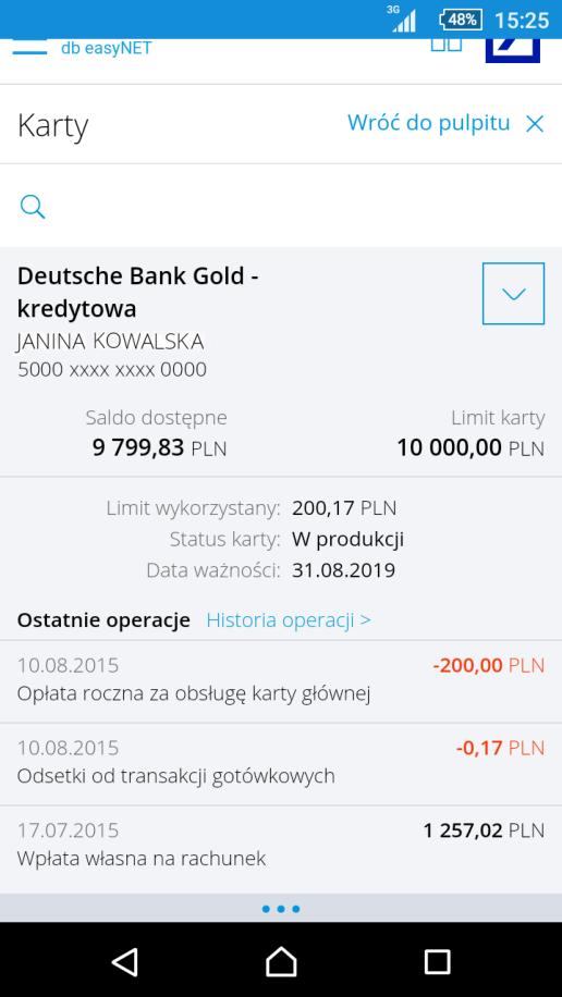 Korzystając z przycisku nawigacyjnego umieszczonego po prawej stronie wybranej karty masz możliwość: - dokonania spłaty karty (tylko w przypadku karty kredytowej), - przejścia do historii karty, -