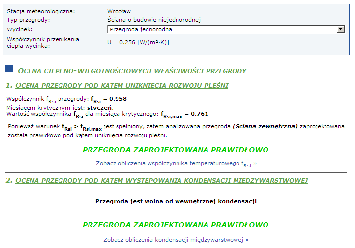 7 Na końcu program przedstawia ogólne podsumowanie analizy cieplno wilgotnościowej dla projektowanej przegrody pod kątem spełnienia