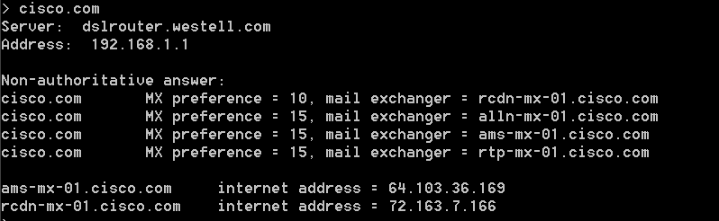 Część 3: Obserwacja procesu przeszukiwania DNS, przy pomocy polecenia Nslookup dla serwerów e-mail. a. Za znakiem zachęty, wpisz set type=mx by nslookup identyfikował serwery pocztowe. b. Za znakiem zachęty, wpisz cisco.