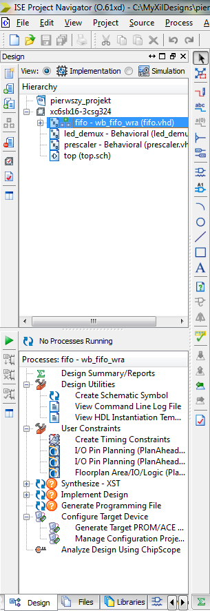 W oknie/zakładce Design proszę zaznaczyć moduł fifo, a następnie wybrać opcję Design Utilities Create Schematic Symbol i kliknąć na