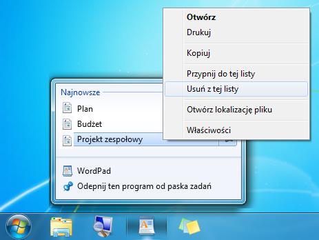 Aby usunąć niedawno używany element z listy szybkiego dostępu Aby całkowicie usunąć niedawno używany element z listy szybkiego dostępu, otwórz listę szybkiego dostępu, kliknij odpowiedni element