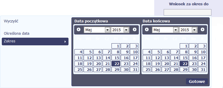 o Zakres co spowoduje rozwinięcie kalendarzy Data początkowa oraz Data końcowa.