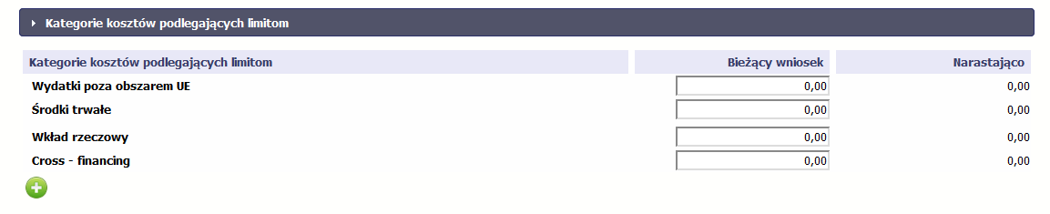 V. BLOK: Kategorie kosztów podlegające limitom Blok ma następującą postać w przypadków wniosków o płatność EFRR/ FS: oraz następującą postać w przypadków wniosków o płatność EFS: Część pól wyświetla