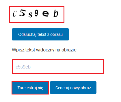 Po uzupełnieniu danych, niezbędne jest przepisanie kodu Captcha z obrazka do odpowiedniego pola. Po wprowadzeniu kodu należy wcisnąć przycisk Zarejestruj się (rys.