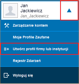 RYSUNEK 5. PANEL UŻYTKOWNIKA Wciśnięcie przycisk Utwórz profil firmy lub instytucji spowoduje wyświetlenie formularza rejestracji firmy.