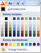 ZMIANA KOLORU CZCIONKI Aby zmienić kolor czcionki, zaznaczamy partię tekstu, w której chcemy dokonać zmian, i klikamy na strzałkę obok przycisku Kolor czcionki na wstążce w grupie Czcionka, a