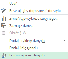 3) Po naciśnięciu na zielonej linii prawym przyciskiem myszki, z rozwijanego menu należy wybrać Formatuj serię danych.