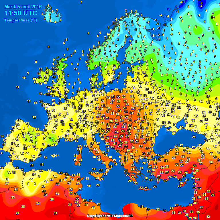 Temperatury 5 kwietnia 2016 przed 12UTC. Źródło: Meteociel.fr. Kolejnego dnia wysokie temperatury panowały już tylko w południowo-wschodniej części kraju (Przemyśl 24.2 C).