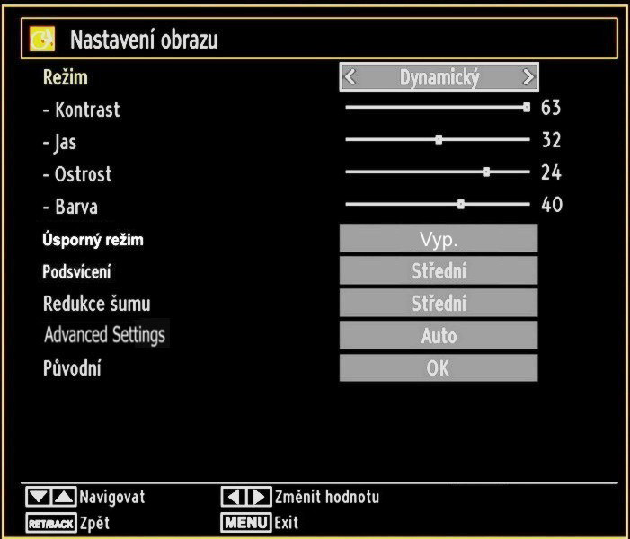 Stiskněte MENU a vyberte první ikonu použitím tlačítka nebo Pro vstup do nabídky Nastavení obrazu stiskněte OK. Zvětšení 14:9 (14:9 Zoom) Tato funkce přiblíží obrázek na 14:9.