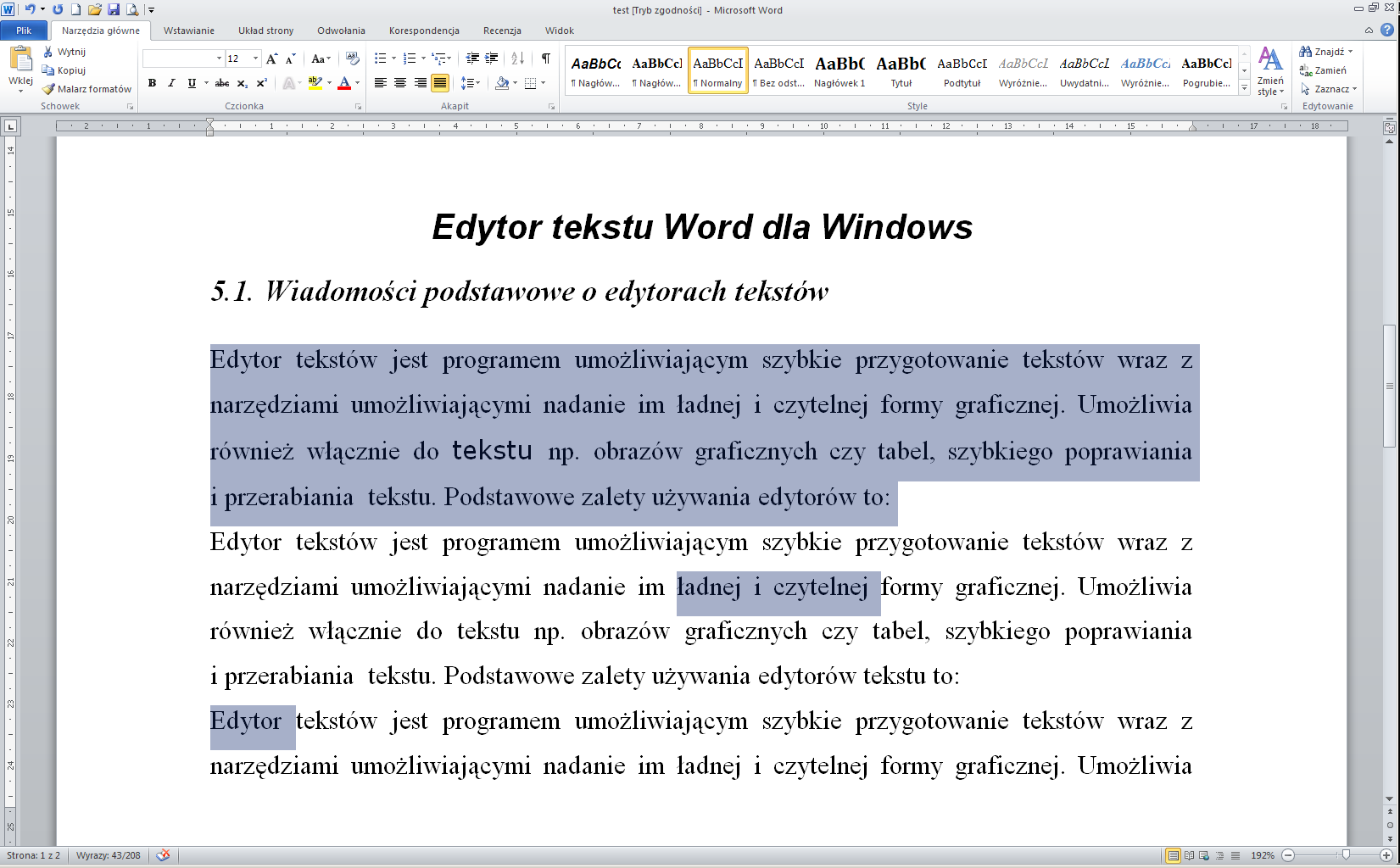 Zaznaczanie dokumentu Zaznaczone rozłączne fragmenty dokumentu