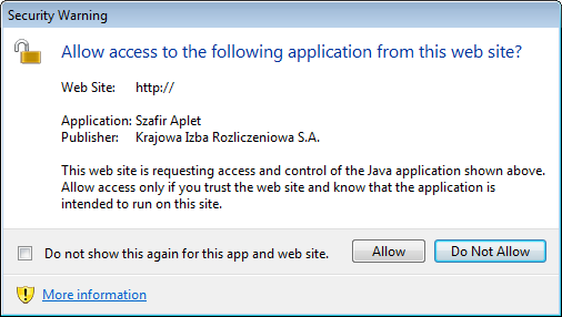Rysunek 37. Uruchomienie apletu Następnie wyświetla się ostrzeżenie z zapytaniem, czy użytkownik zgadza się na dostęp poniższej strony internetowej do wymienionej aplikacji.