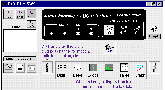 WYKONANIE ĆWICZENIA Okna ćwiczenia 140 Okno podstawowe P40_OHM zawiera przyciski sterowania Okno Scope for Ohm s Law przedstawia zależność pomiędzy napięciem i natężeniem prądu Częstotliwość