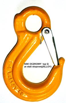 HAK OCZKOWY typ Q ze stali stopowej (ALLOY) stal stopowa (ALLOY), hartowana; gatunek (klasa) 80 do zawiesi linowych, łańcuchowych oraz ogólnego stosowania ; WLL zabezpieczenie: stal ocynkowana kod