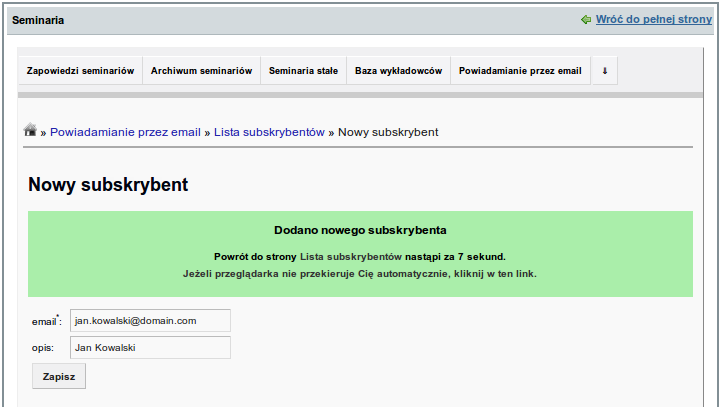 Na stronie dodawania subskrybena znajduje się pusty formularz pozwalający zdefiniować nowego odbiorcę informacji o seminariach.