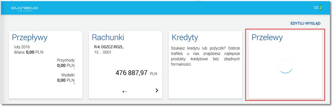 Jeżeli ładowanie danych na widżet trwa dłużej niż ustalona maksymalna długość oczekiwania, wówczas widżet prezentowany jest w trybie ładowania danych: Położenie widżetów nie zmienia się - w miejsce