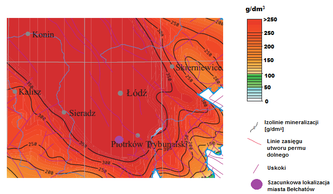 Rysunek 21 Mapa mineralizacji wód w stropie utworów Permu Dolnego na Niżu Polskim (fragment) Źródło: Atlas zasobów geotermalnych formacji paleozoicznej na Niżu Polskim Rysunek 22 Mapa mineralizacji