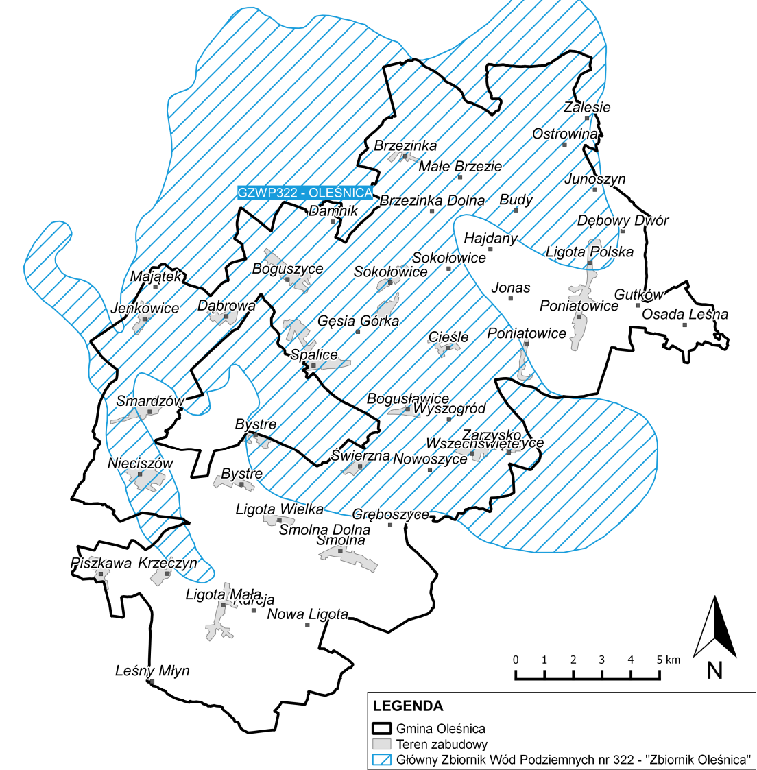 Rysunek 7. Zasięg występowania GZWP względem gminy Oleśnica Źródło: opracowanie własne na podstawie danych Centralnej Bazy Danych Geologicznych Państwowego Instytutu Geologicznego 5.4.1.