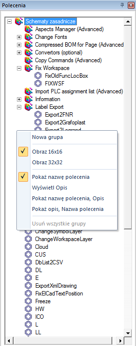 5. Przeglądanie listy dostępnych poleceń Niektóre polecenia są dostępne z okna eksploratora poleceń. Aby wyświetlić dostępne polecenia, należy wskazać Eksplorator poleceń (dolna, lewa strona ekranu).