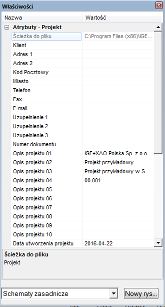 8.> Opis projektu 01. 9.# Projekt przykładowy. 10.> Data utworzenia projektu. Wiersz Data utworzenia projektu wypełniony jest automatycznie. Po uaktywnieniu wiersza można wpisać inną datę. 11.