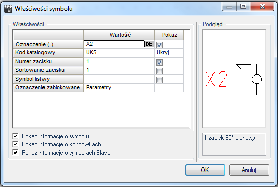 3.+ Wstaw zacisk nad przyciskiem. 4.> Oznaczenie. 5.# X2. Wpisz oznaczenie. 6.> Numer zacisku. 7.# 1 (Zaciski danej listwy oznaczane są automatycznie). 8.> Indeks zacisku (sortowanie). 9.# 1. Wprowadź numer końcówki.